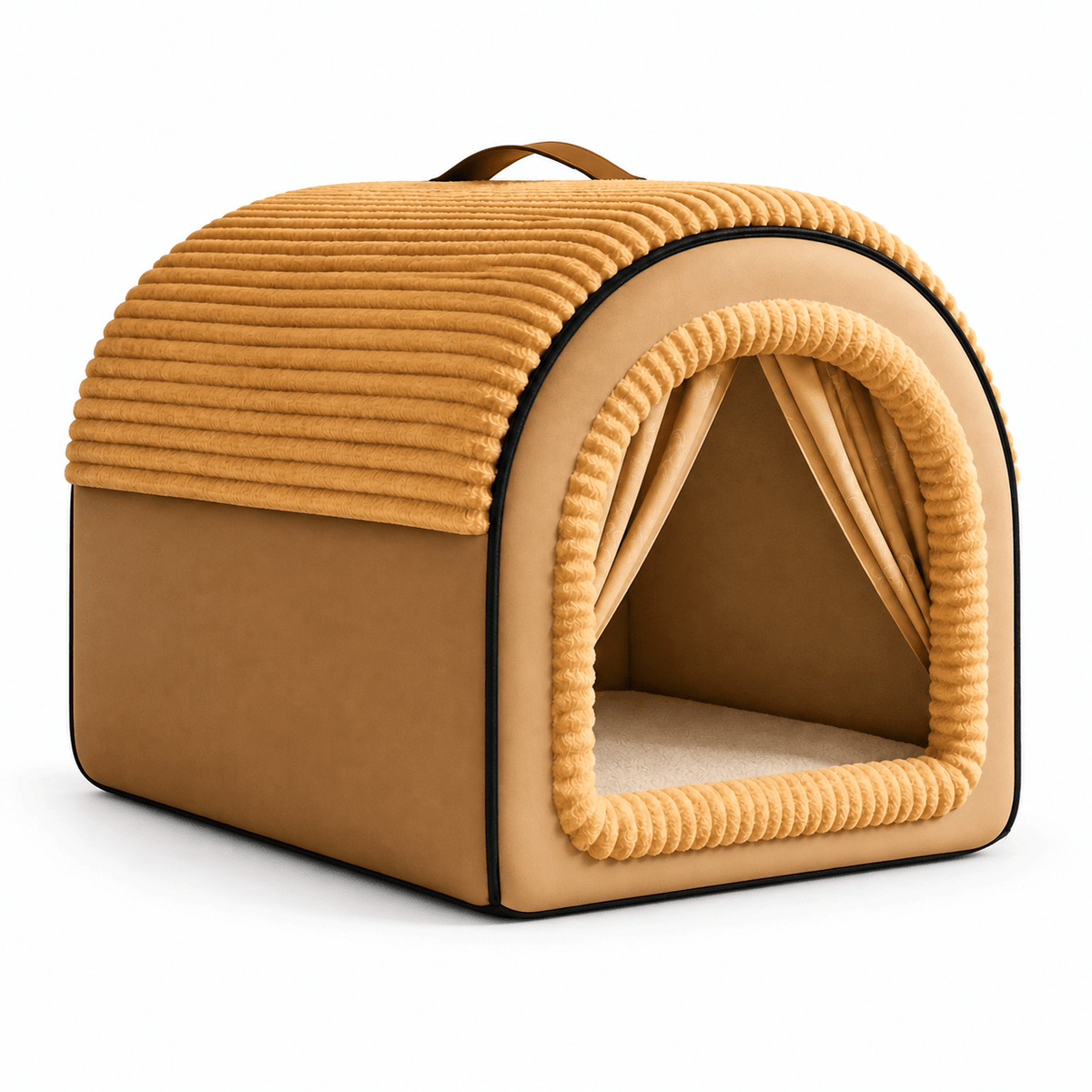 Enclosed dog bed with a ribbed plush arched roof, tied-back curtains and a top carry handle