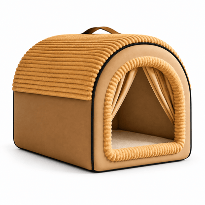 Enclosed dog bed with a ribbed plush arched roof, tied-back curtains and a top carry handle