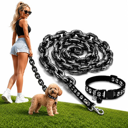 The fake iron chain dog leash coiled to show the oversized molded links and their cast iron texture