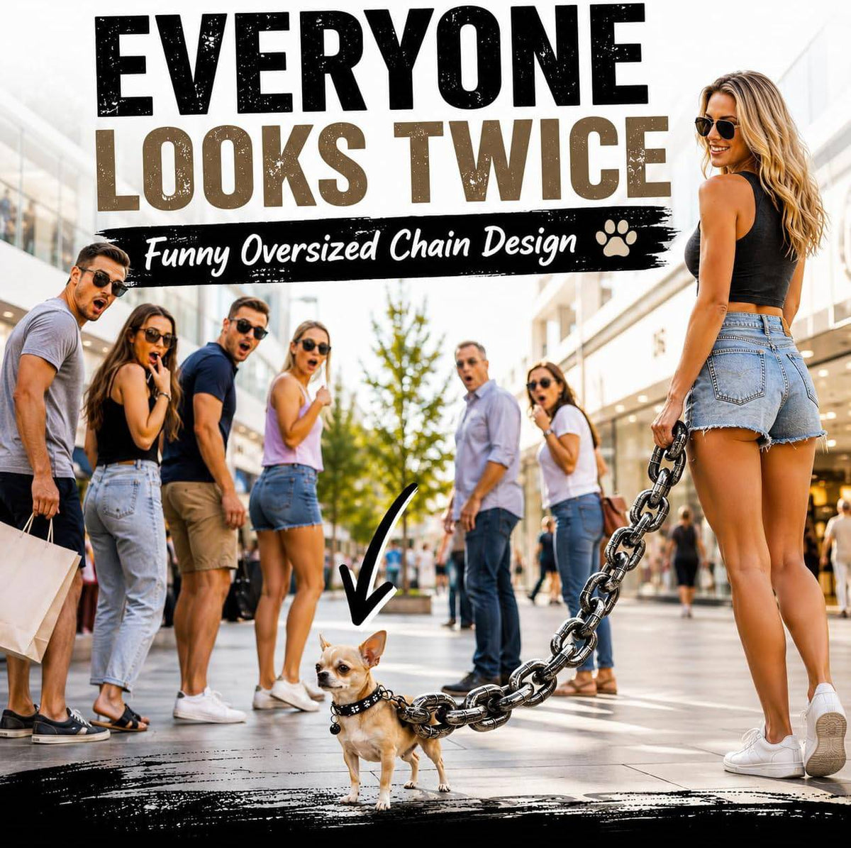 Everyone looks twice panel showing a shopping street reacting to a small dog walking on the funny oversized chain leash