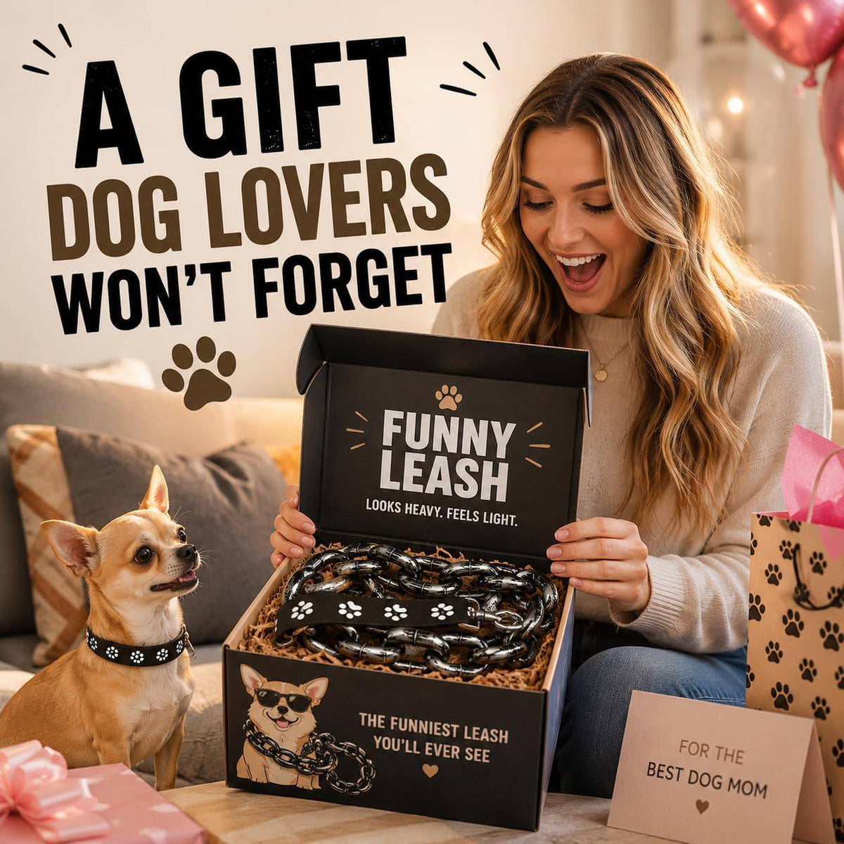 Woman opening the fake iron chain dog leash in its gift box, presented as a present for dog lovers
