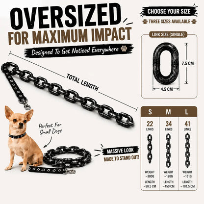 Fake iron chain dog leash size chart showing S 22 links at 98.5 cm, M 34 links at 150 cm and L 41 links at 181.5 cm with a 7.3 by 4.5 cm link