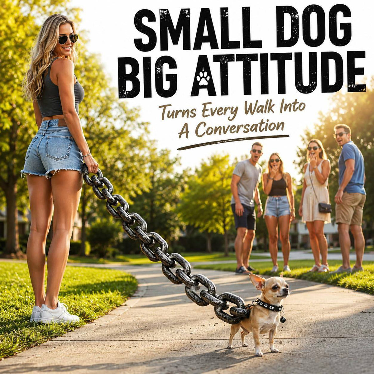 Small dog big attitude panel showing passers-by turning to look at a tiny dog on the oversized chain leash