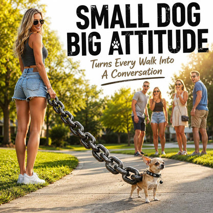 Small dog big attitude panel showing passers-by turning to look at a tiny dog on the oversized chain leash