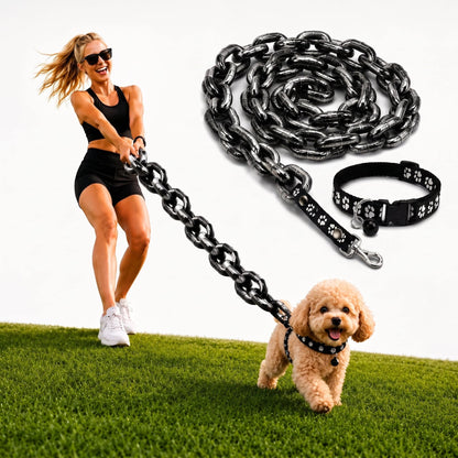 Woman walking a small poodle on the Noblias fake iron chain dog leash, with the matching studded collar shown beside it