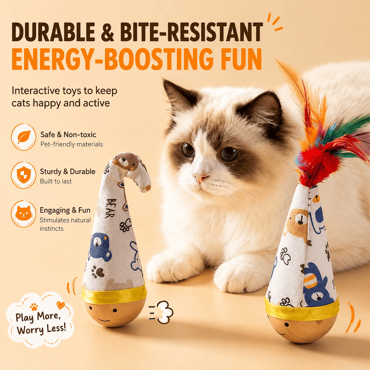 Interactive wooden wobble cat toy with feathers from Noblias, designed to entertain cats with movement and colorful feathers.