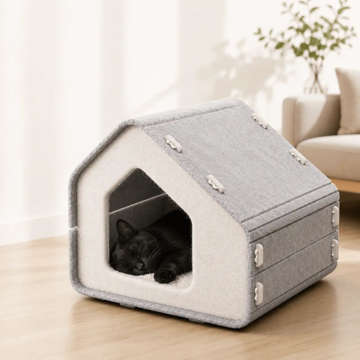 Blue felt cat house with an orange cat inside, labeled play, sleep and scratch all in one