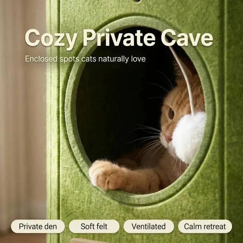 Ginger cat resting inside the enclosed cave of the Noblias felt cat house.