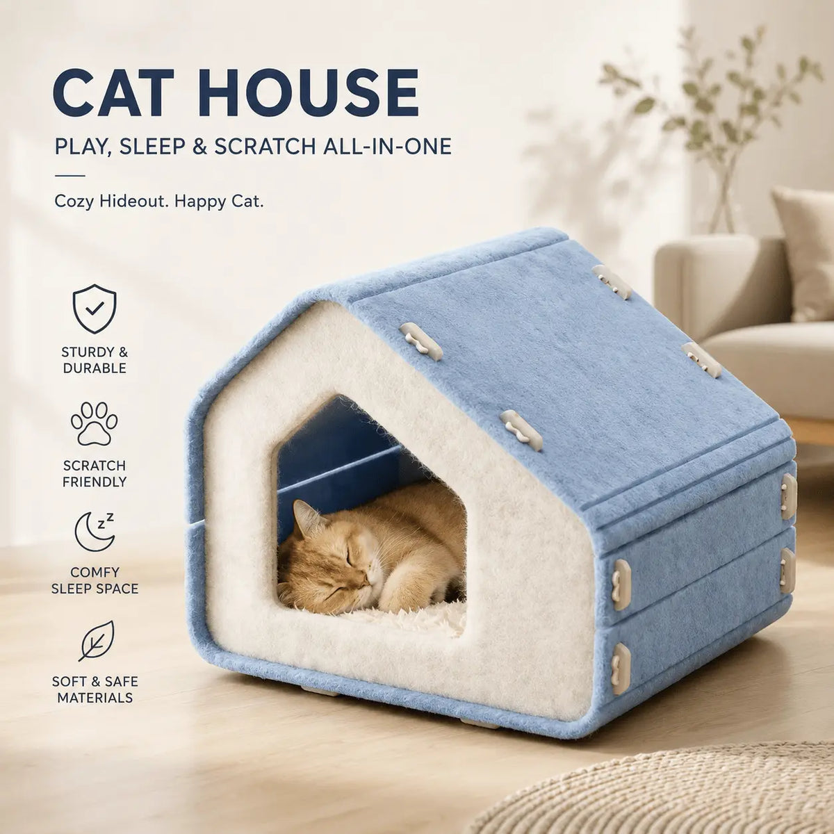 Black cat sleeping inside the gray felt cat house in a bright living room