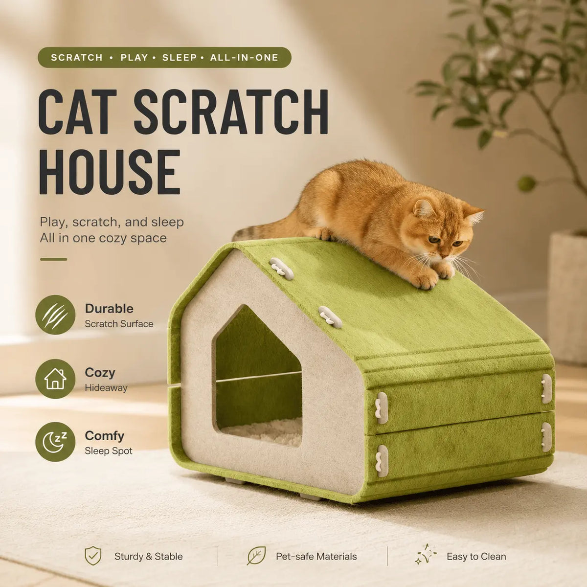 Orange cat scratching on the sloped roof of the green felt cat house, with durable, cozy and comfy badges