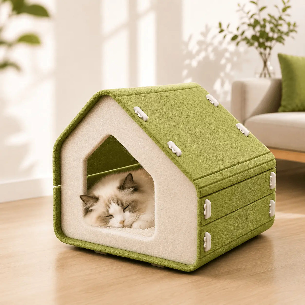 Green and white Noblias felt cat house with a white cat resting inside the triangular doorway