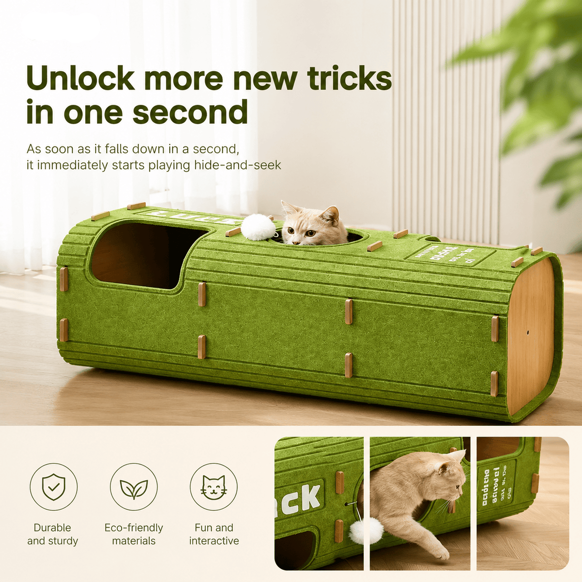 The Noblias felt cat house laid on its side as a tunnel with a cat looking out of the opening.