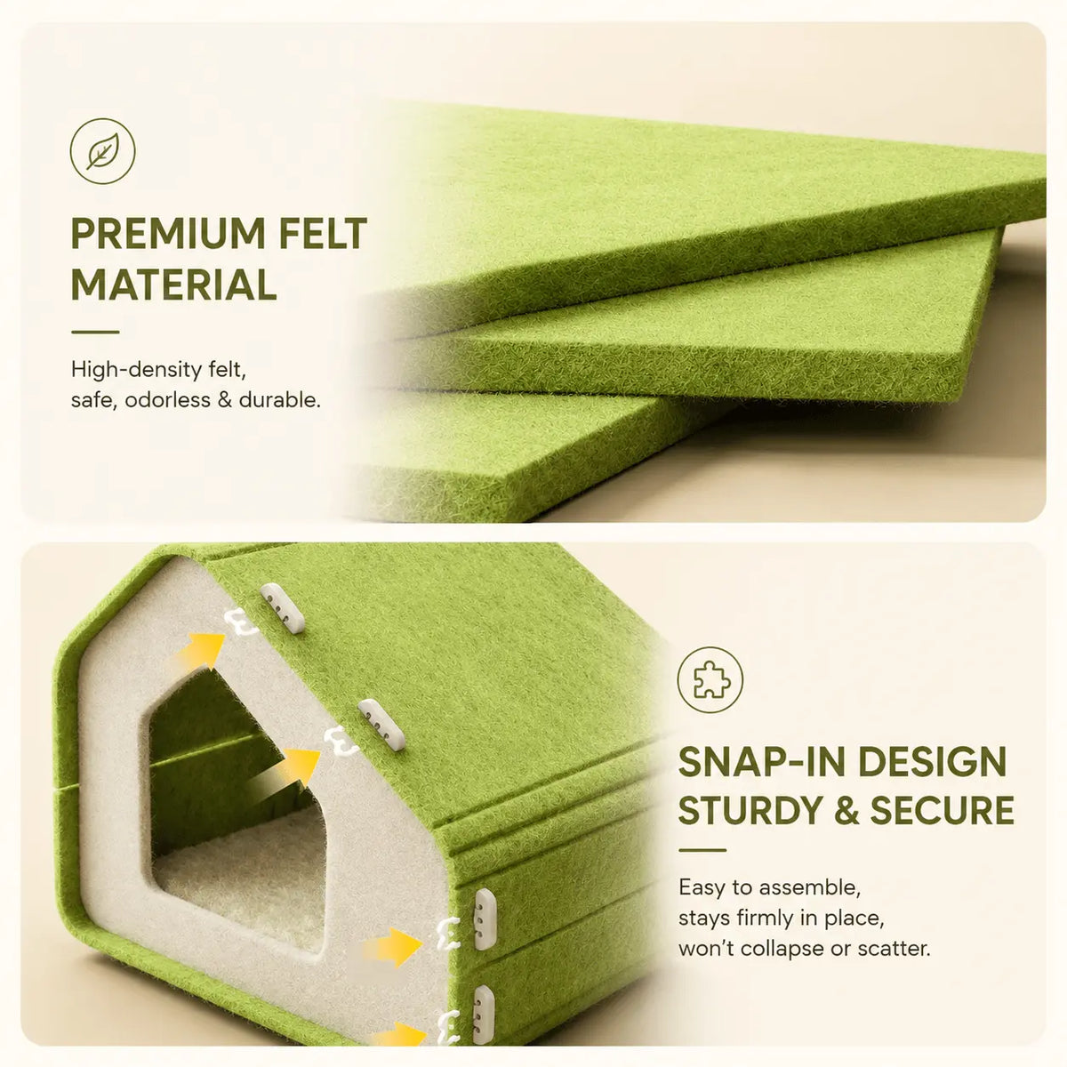 Close-up of the high-density felt panels and snap-in buckles that hold the felt cat house together
