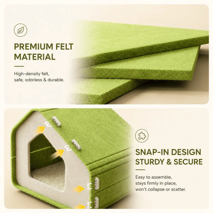 Close-up of the high-density felt panels and snap-in buckles that hold the felt cat house together