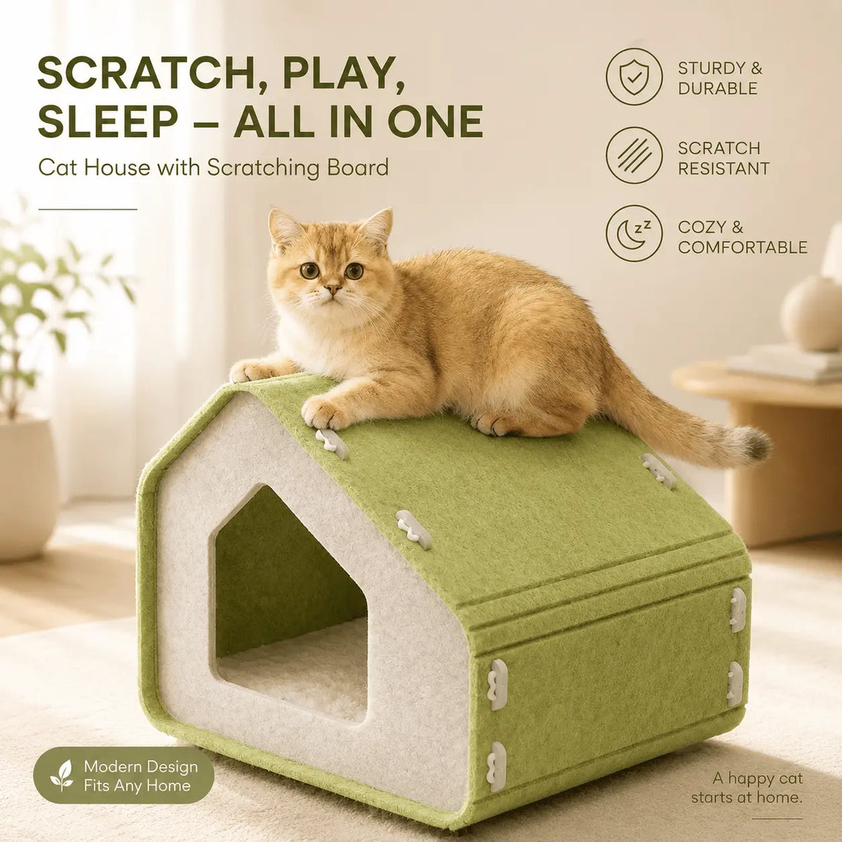 Orange cat lying on top of the green felt cat house, with sturdy, scratch-resistant and cozy badges