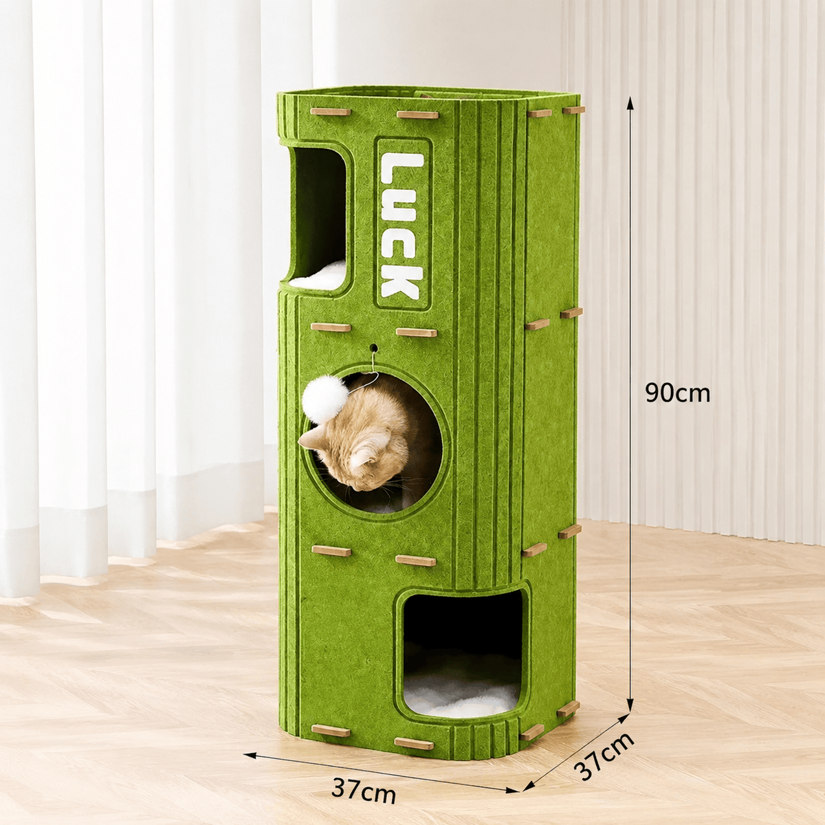 Size diagram of the three layer Noblias felt cat house at 37 by 37 by 90 cm with a cat inside.