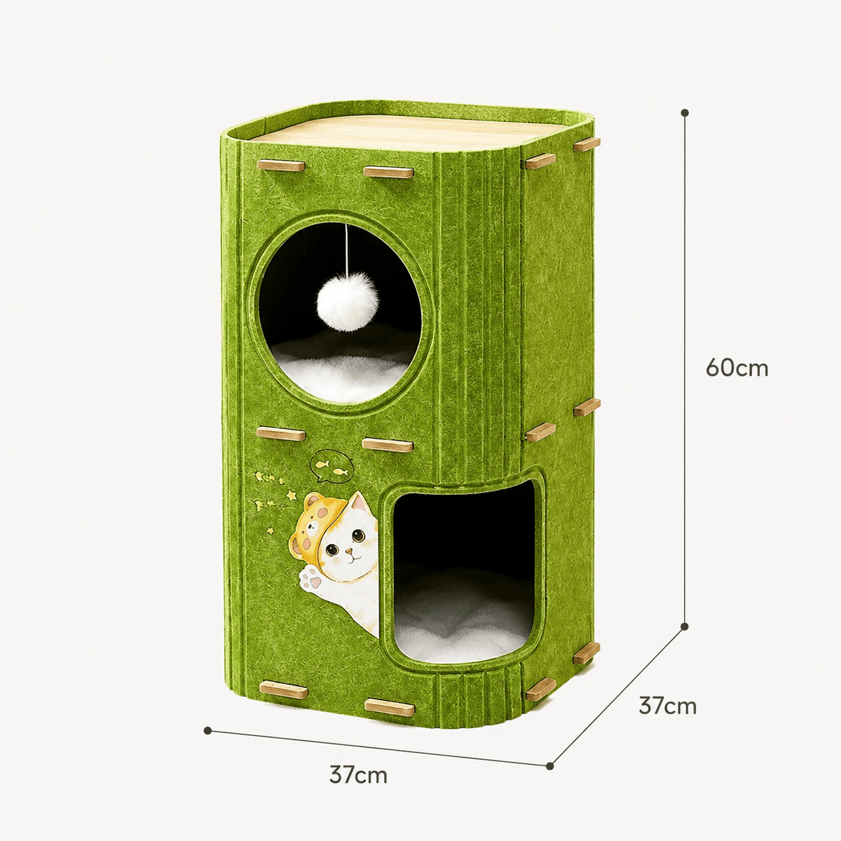 Size diagram of the two layer Noblias felt cat house at 37 by 37 by 60 cm.