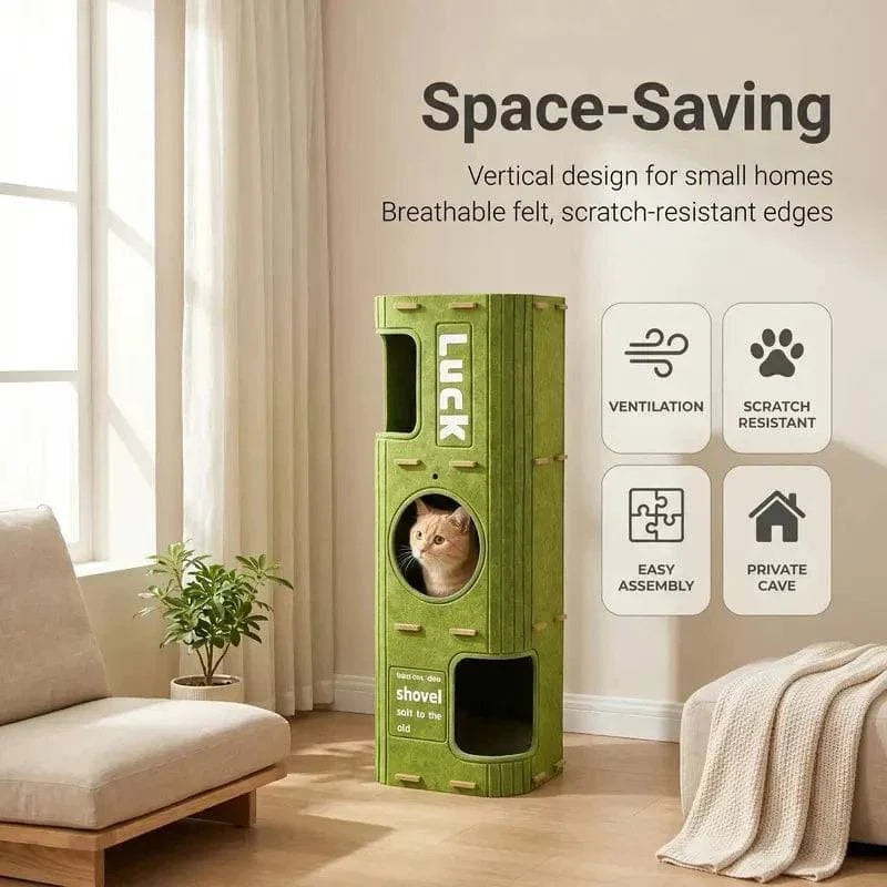 The Noblias felt cat house shown as a space saving vertical tower with ventilation, scratch resistant panels and easy assembly.