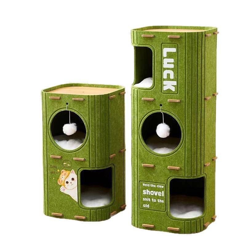 The two layer and three layer Noblias felt cat house shown side by side with their hanging pompom toys.