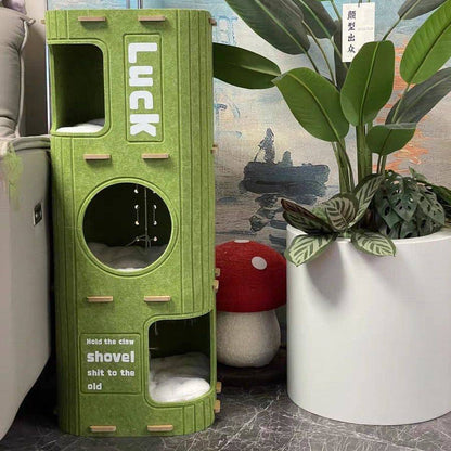 Side view of the Noblias felt cat house showing the wooden peg steps set into the felt panels.