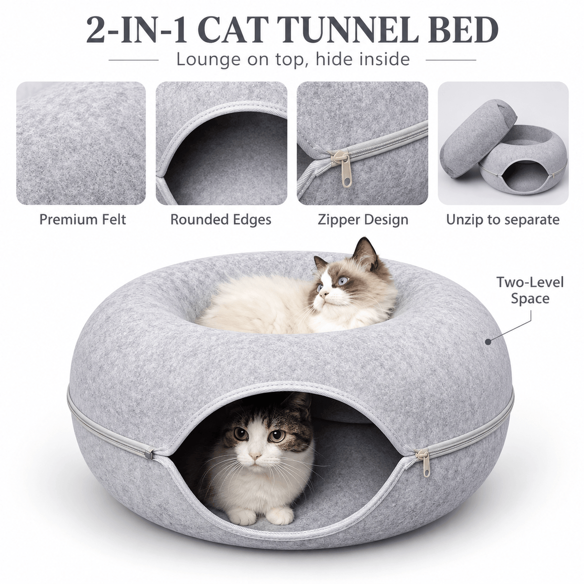 2-in-1 felt donut cat tunnel bed with a cat on top and one inside, plus close-ups of the felt, rounded edges and zipper.