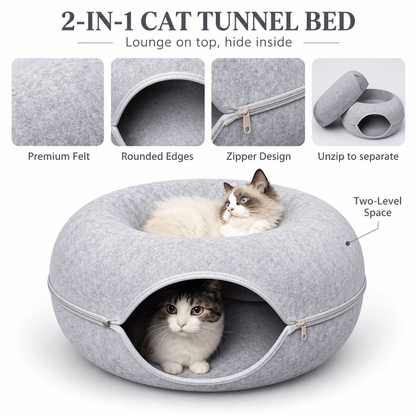 2-in-1 felt donut cat tunnel bed with a cat on top and one inside, plus close-ups of the felt, rounded edges and zipper.