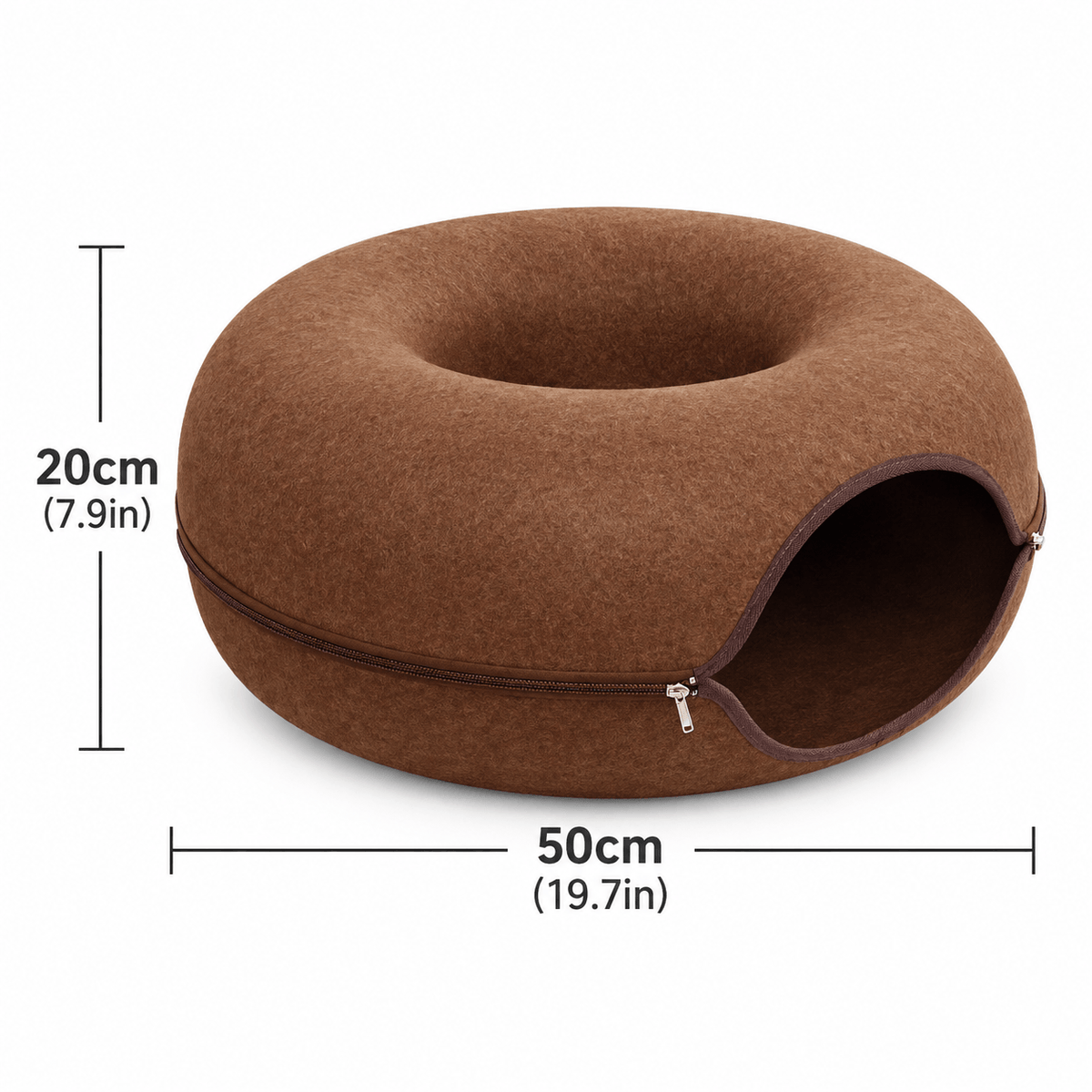Coffee brown felt donut cat tunnel bed measuring 50 cm across and 20 cm high.