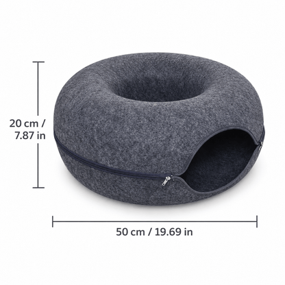 Dark gray felt donut cat tunnel bed measuring 50 cm across and 20 cm high.