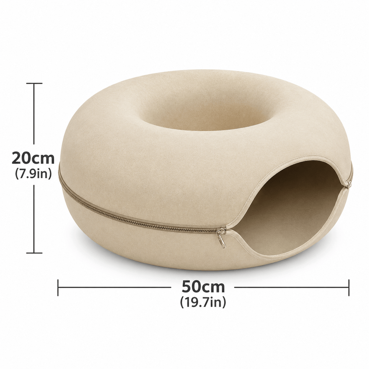 Khaki beige felt donut cat tunnel bed measuring 50 cm across and 20 cm high.