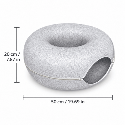 Light gray felt donut cat tunnel bed measuring 50 cm across and 20 cm high.