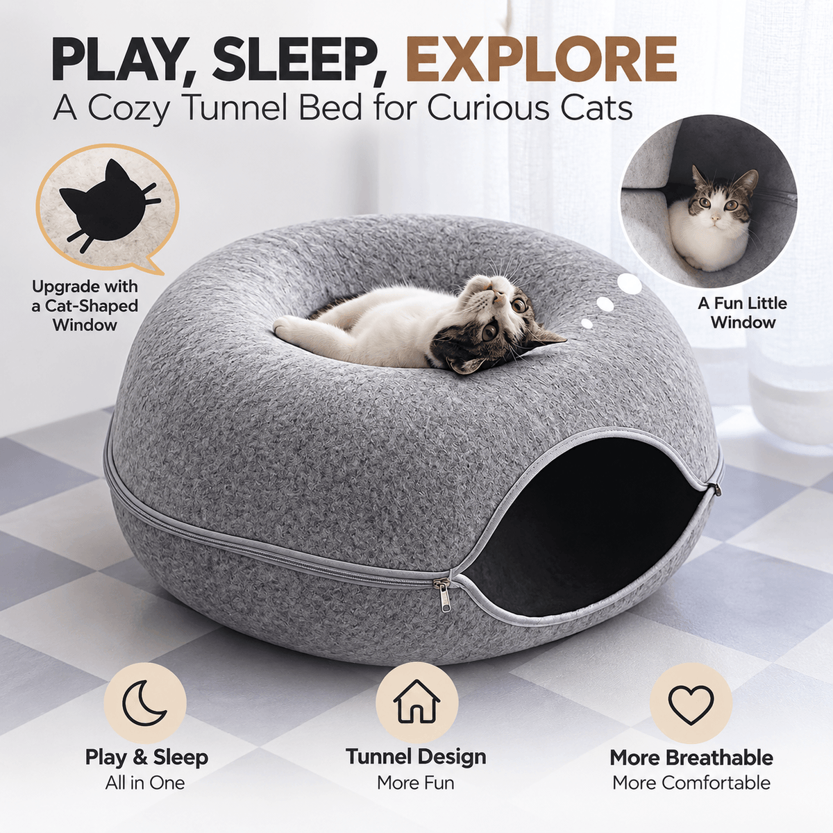 A cat stretched out on top of the gray felt donut cat tunnel bed, with feature icons for play, sleep and breathability.