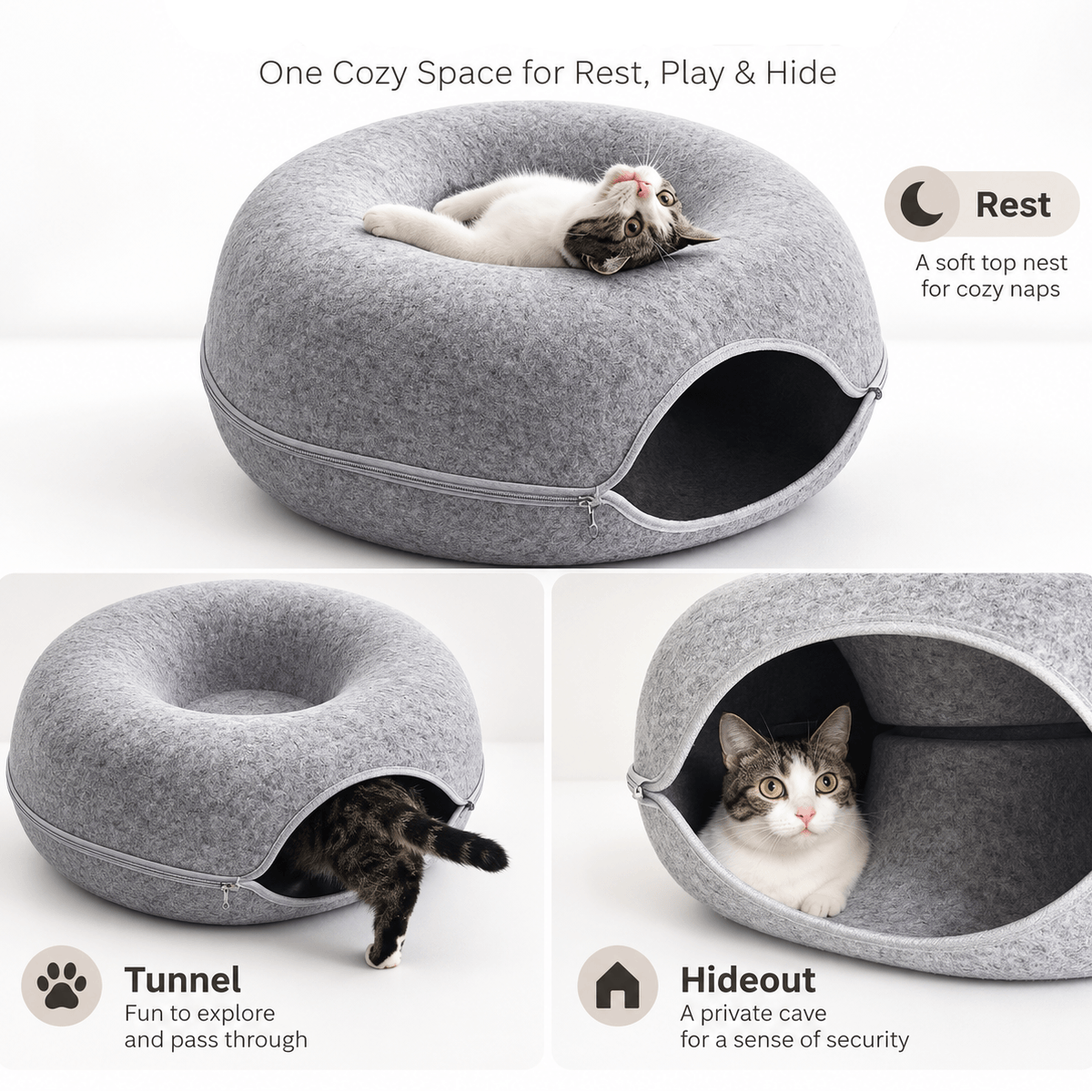 Three views of the felt donut cat tunnel bed used as a resting nest, a tunnel to run through and a private hideout.