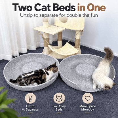 The felt donut cat tunnel bed unzipped into two separate open beds, each with a cat resting in it.