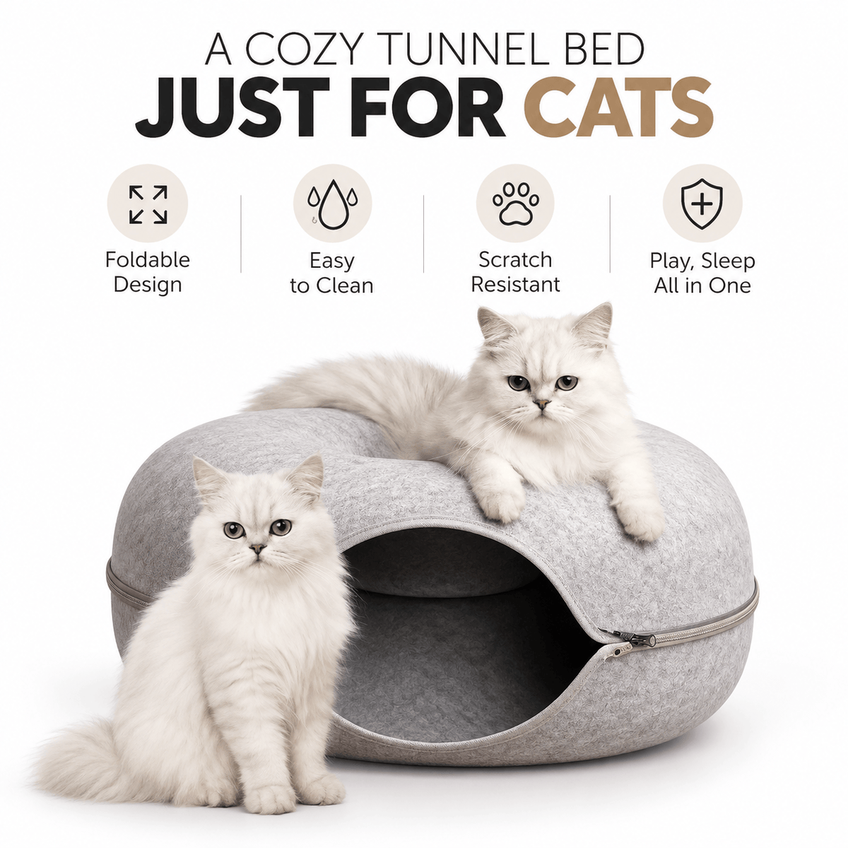 Two white long-haired cats resting on and beside the gray felt donut cat tunnel bed, with feature icons.