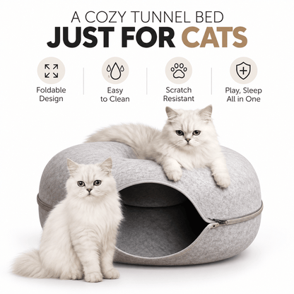 Two white long-haired cats resting on and beside the gray felt donut cat tunnel bed, with feature icons.