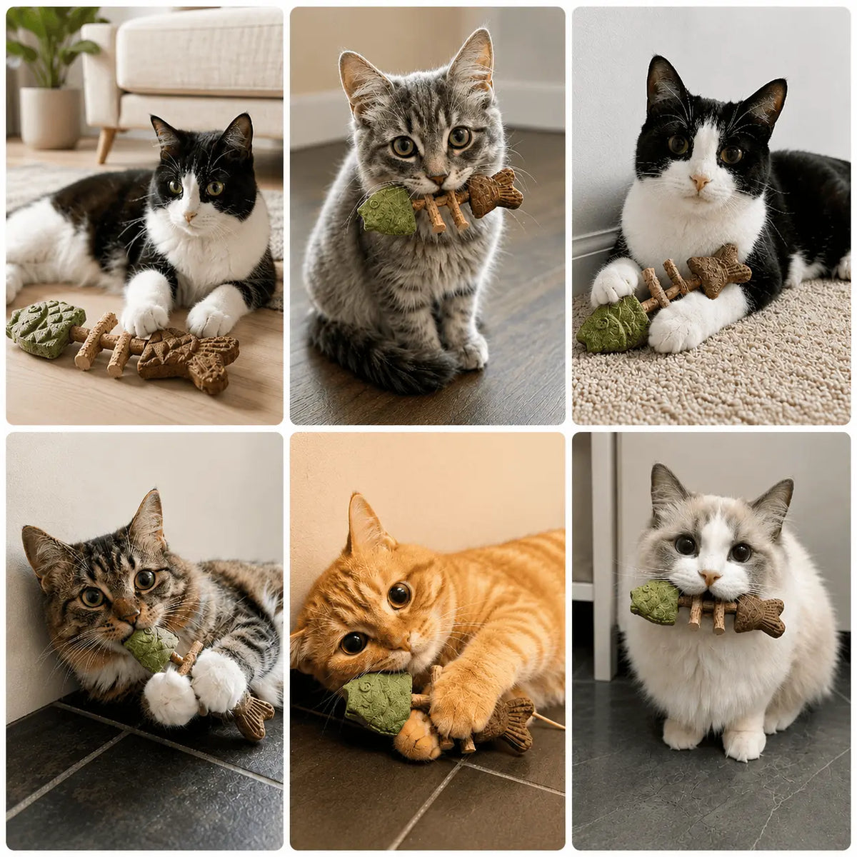 Six cats of different breeds playing with and carrying the Noblias fish bone cat dental chew toy at home.
