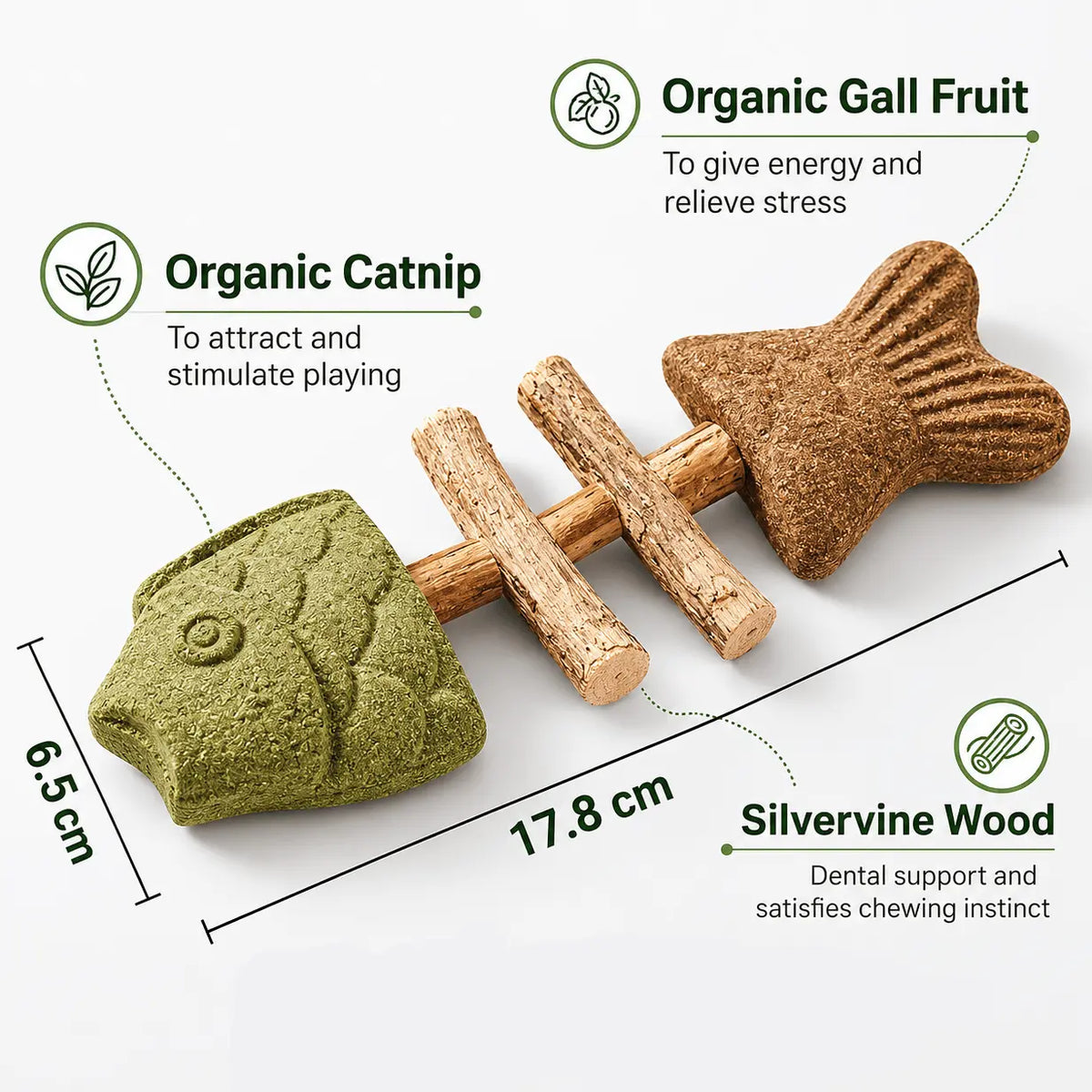 Diagram of the Noblias fish bone cat chew toy showing the organic catnip head, gall fruit tail and silvervine wood bones at 6.5 by 17.8 cm.