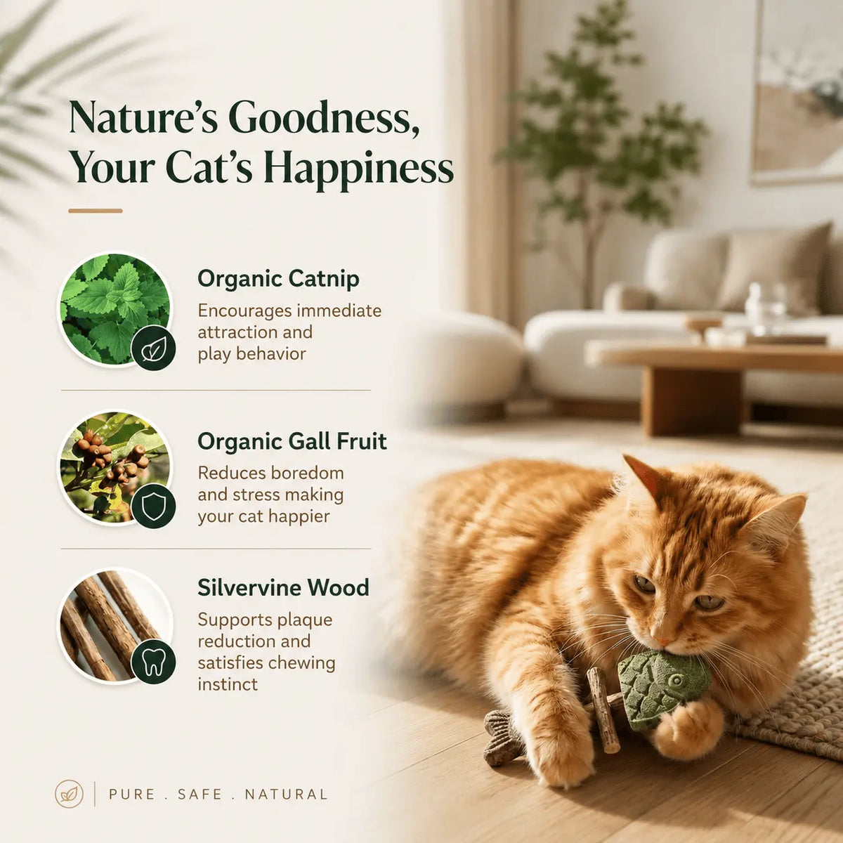 The three ingredients in the Noblias fish bone cat chew toy: organic catnip, organic gall fruit and silvervine wood.