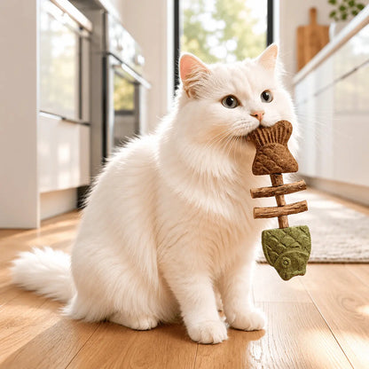 White long haired cat carrying the Noblias fish bone cat dental chew toy across a wooden floor.