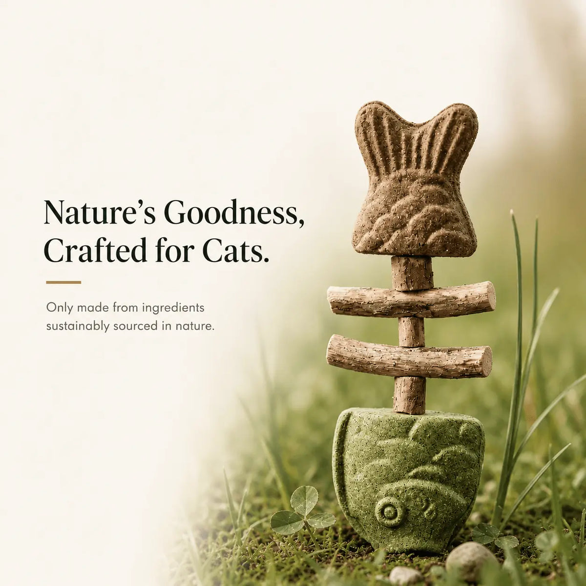 The Noblias fish bone cat dental chew toy standing in grass, made only from naturally sourced ingredients.