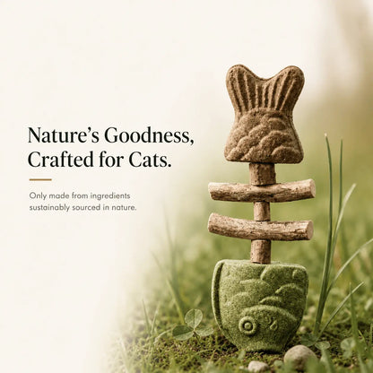 The Noblias fish bone cat dental chew toy standing in grass, made only from naturally sourced ingredients.