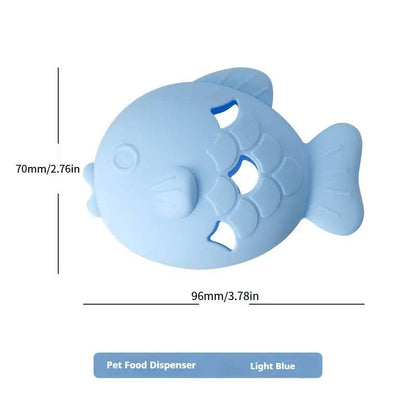 Blue fish shaped silicone treat dispenser toy measured at 96 mm wide and 70 mm tall