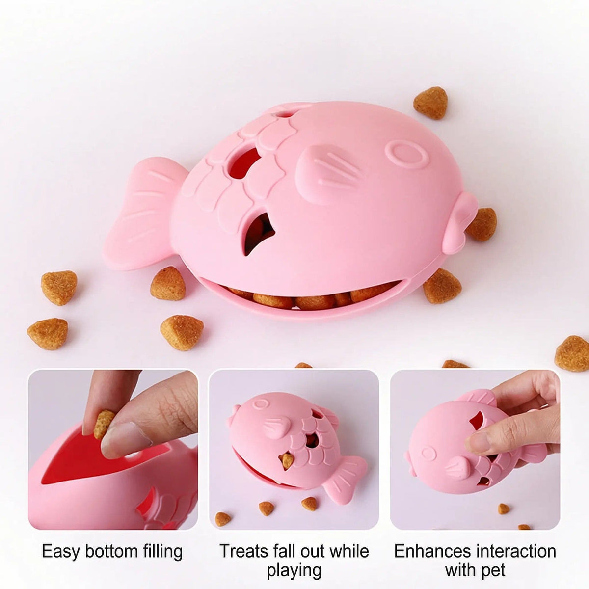Infographic showing easy bottom filling, treats falling out while playing and enhanced interaction with the pink fish treat dispenser toy