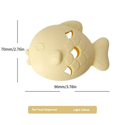 Light yellow fish shaped silicone treat dispenser toy measured at 96 mm wide and 70 mm tall