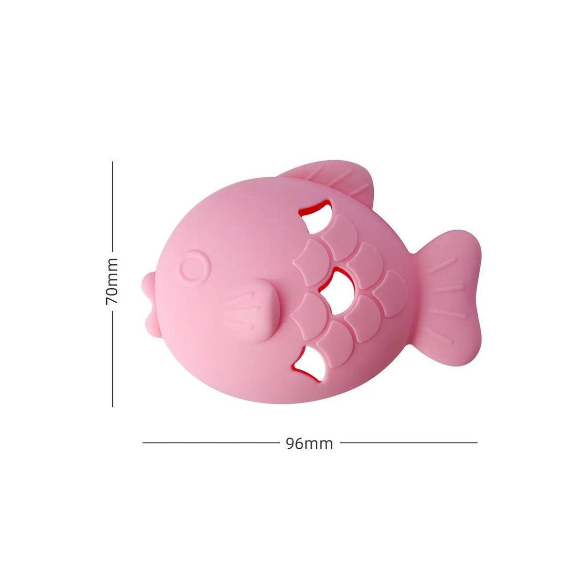 Pink fish shaped silicone treat dispenser toy measured at 96 mm wide and 70 mm tall