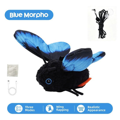 Blue morpho flapping butterfly cat toy with its hanging cord, USB charging cable and spare parts.