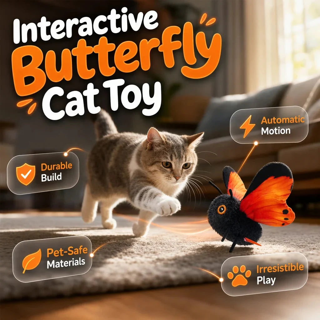 Tabby cat chasing the orange flapping butterfly cat toy across a rug, with durable build, automatic motion, pet safe materials and irresistible play callouts.