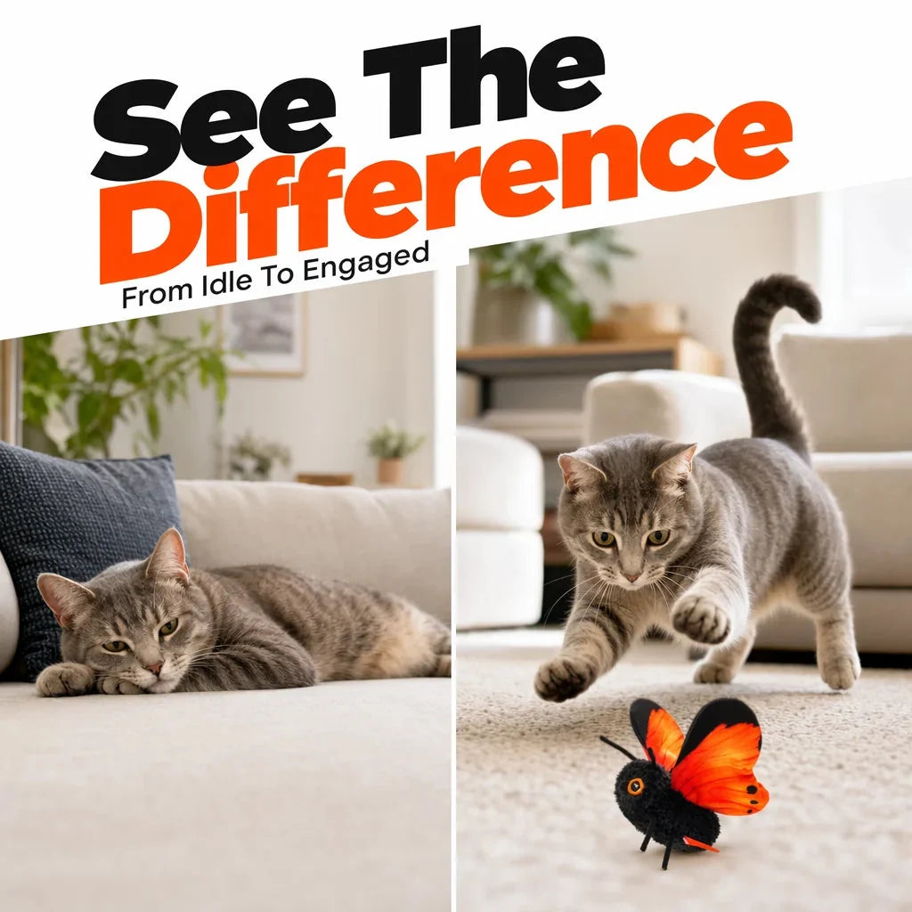Cat lying down beside the flapping butterfly cat toy and then running after it, captioned see the difference from idle to engaged.