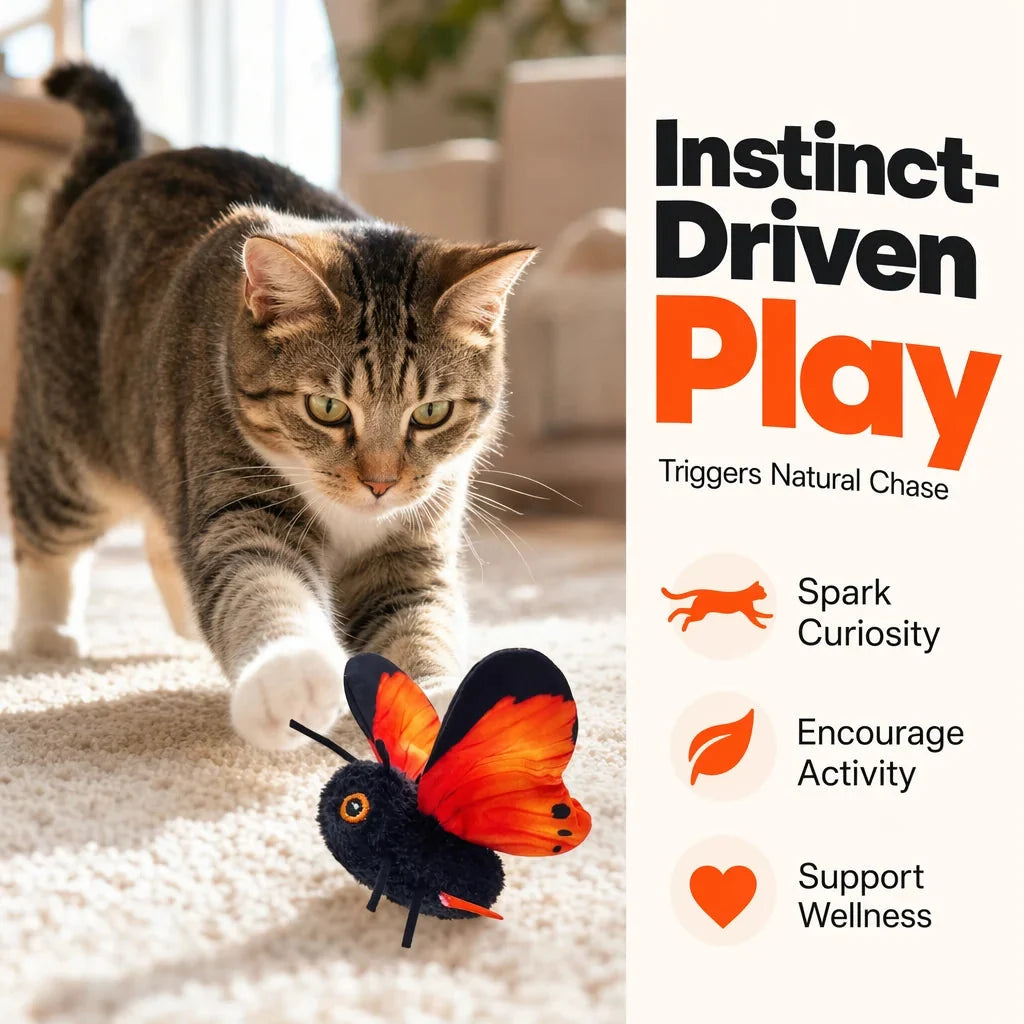 Tabby cat pouncing on the flapping butterfly cat toy, captioned instinct driven play that triggers natural chase.