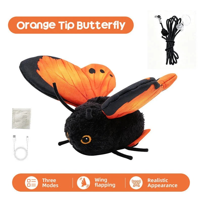 Orange tip flapping butterfly cat toy with its hanging cord, USB charging cable and spare parts.